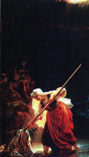 "Мать  Лемминкяйнена  достает  граблями  его  тело  из  реки  Туонелы     "  Р.В.   Экман  1862 г.  Хельсенки  Национальный  музей  Финляндии